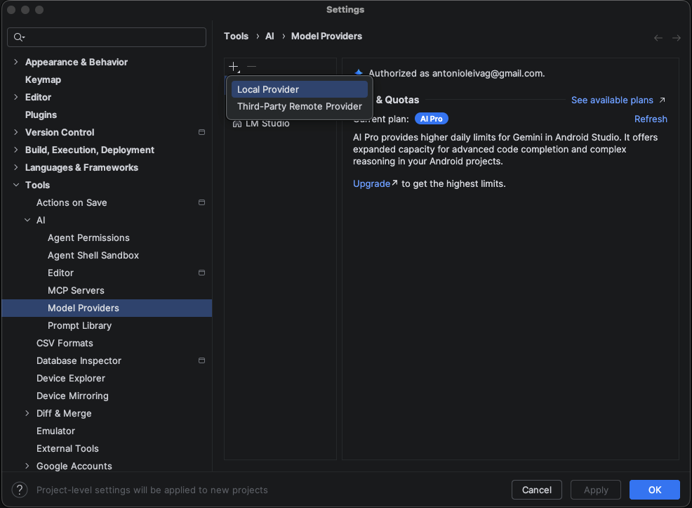 Pantalla de ajustes de Android Studio en Tools, AI, Model Providers con el menú Add abierto
