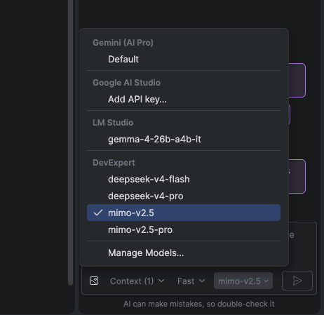 Selector de modelos de la ventana de AI de Android Studio